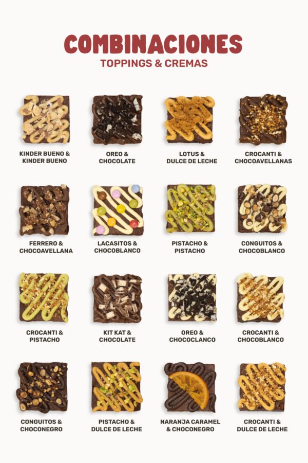 Tabla visual de combinaciones de brownies Pepa Brown con toppings y cremas como Kinder, Oreo, Lotus, pistacho y más